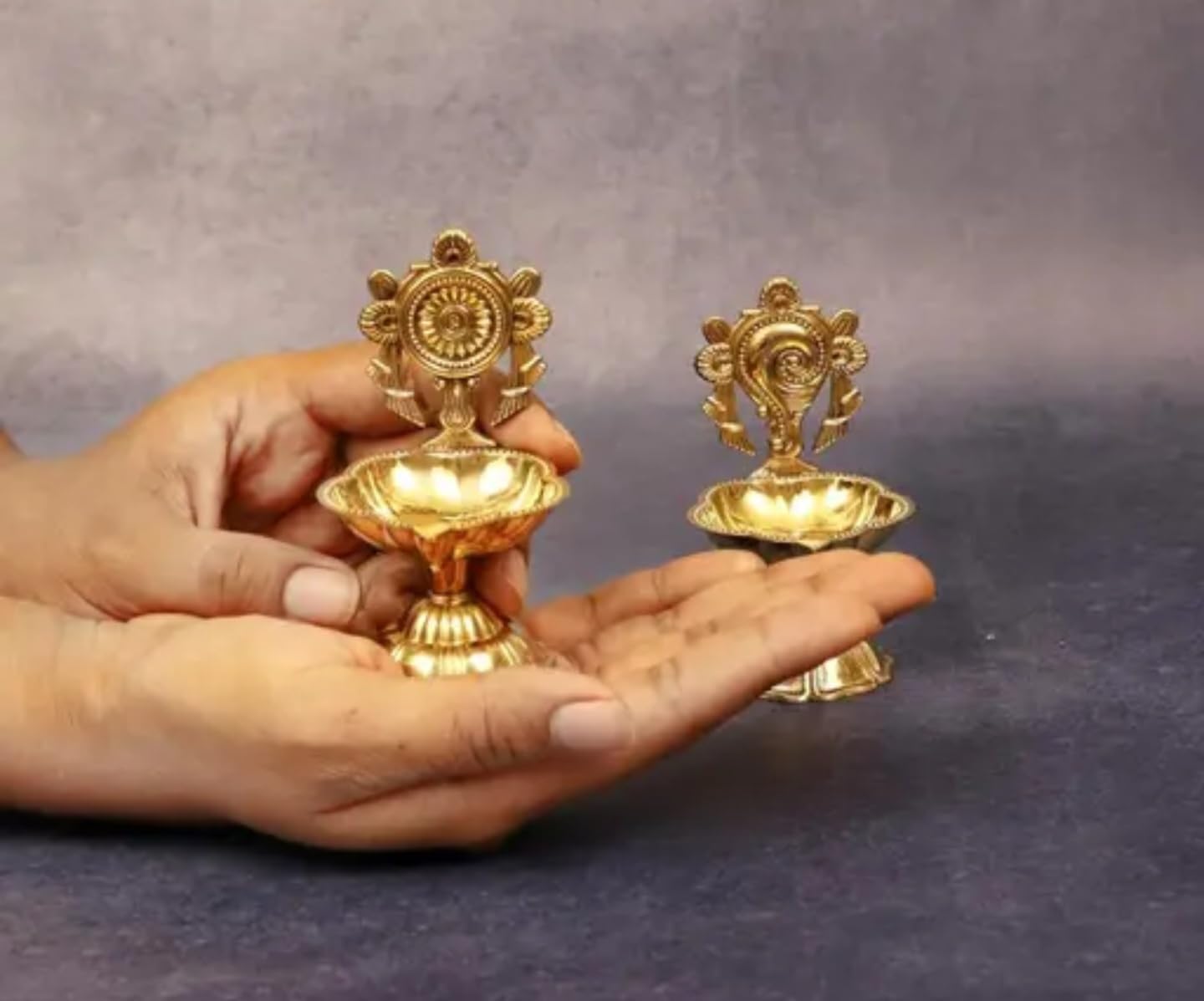 Traditional Brass Oil Lamp, Decorative Golden Diya with Ornate Peacock Design, Antique Style Temple Lamps, 2-Piece Set