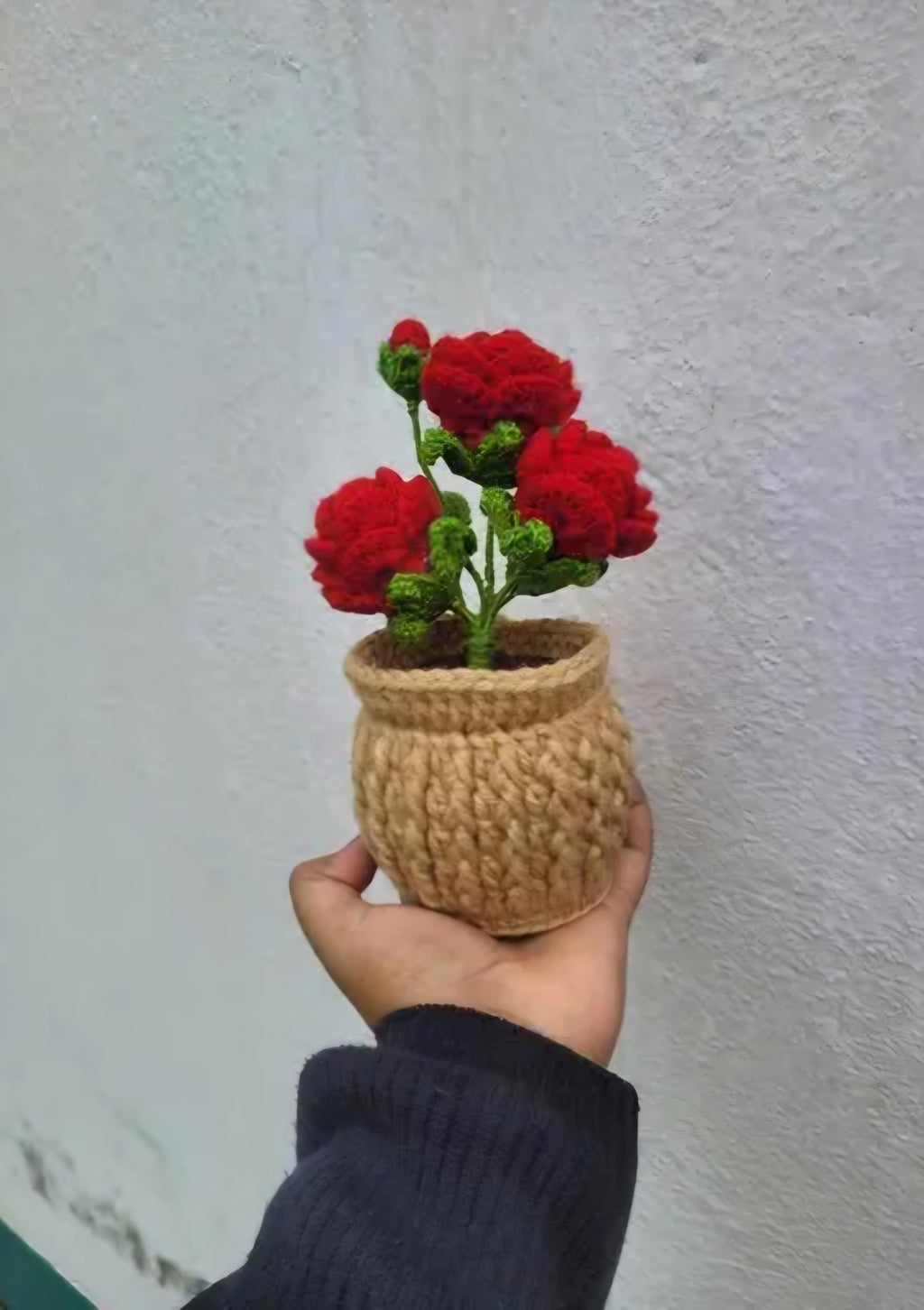 Handmade Crochet Red Rose Artificial Flower in Knitted Pot, Home Decor, Boho Style