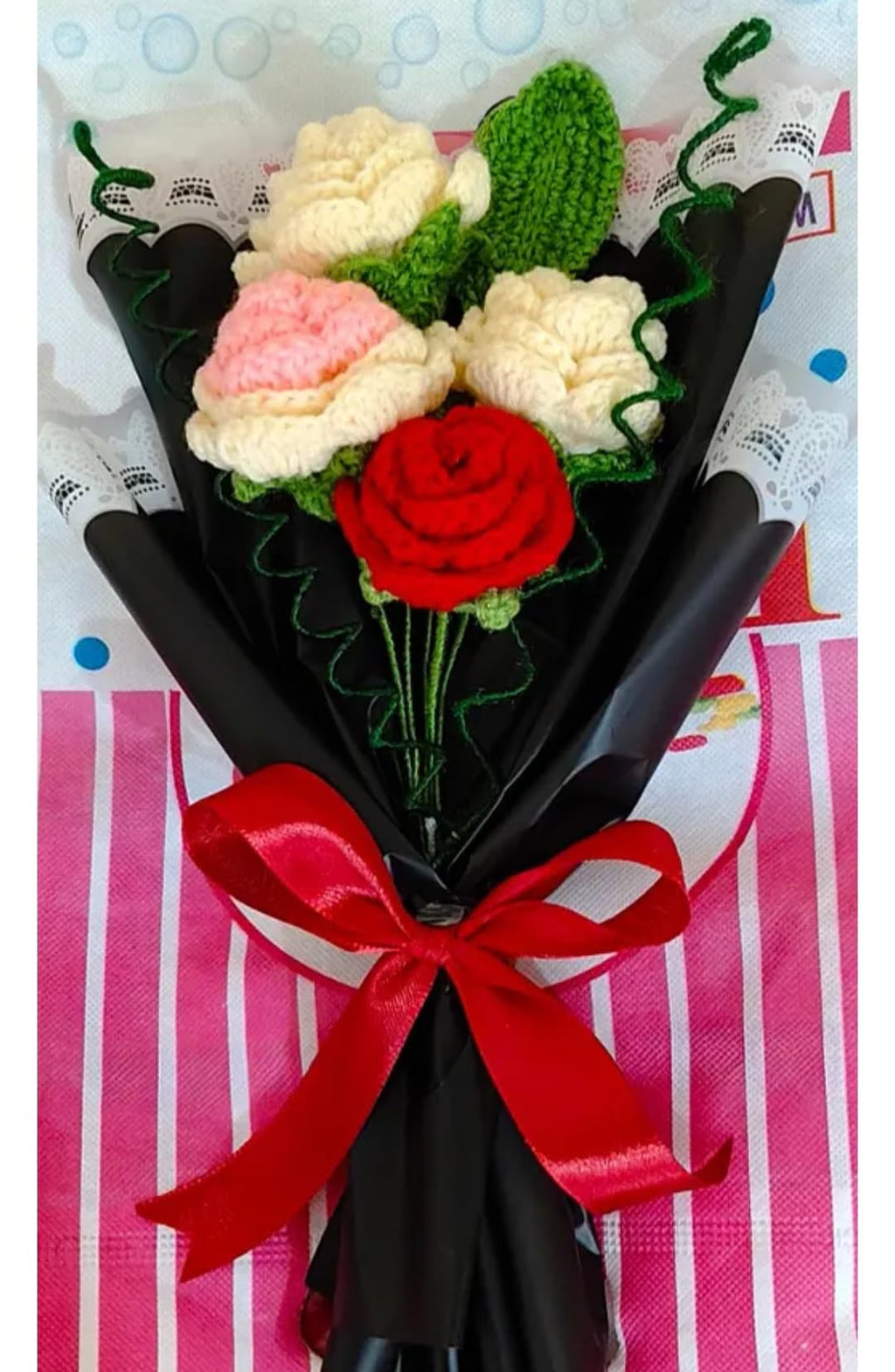 Handmade Crochet Flower Bouquet, Mixed Colors, Knitted Roses with Black Wrap and Red Ribbon, Gift