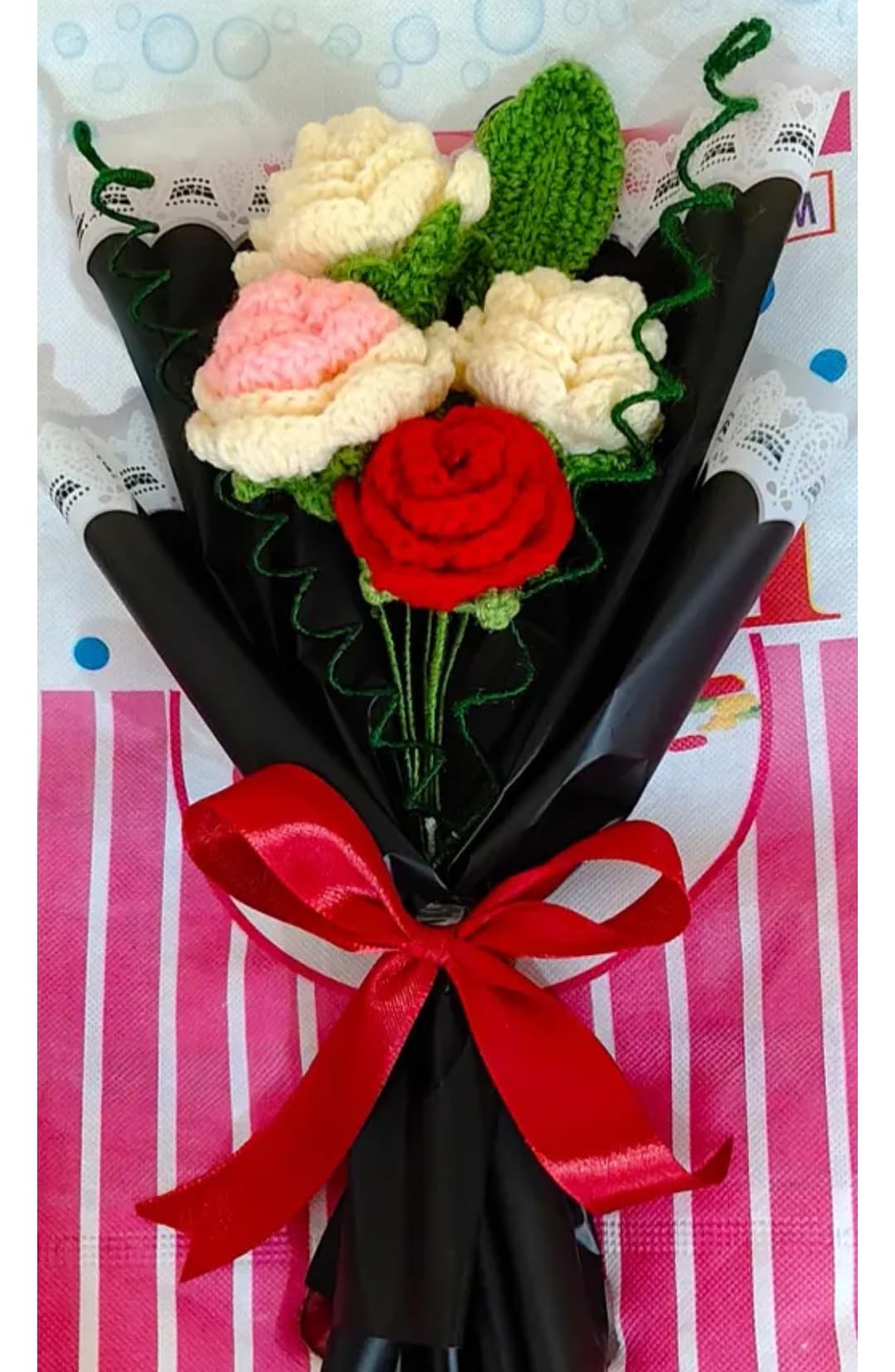 Handmade Crochet Flower Bouquet, Mixed Colors, Knitted Roses with Black Wrap and Red Ribbon, Gift