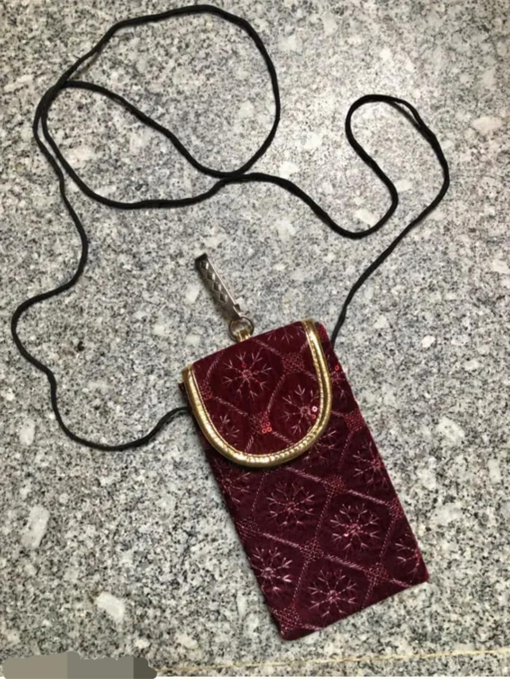 Embroidered Velvet Mobile Pouch, Wine Red, Gold Frame Clasp, Sequin Detail, Wristlet Strap