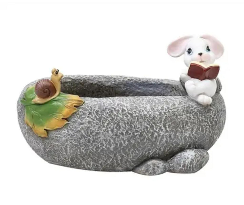 Cute Bunny Succulent Planter, Gray Stone-Look Decorative Plant Pot, Indoor Garden Home Decor with Tree Branch