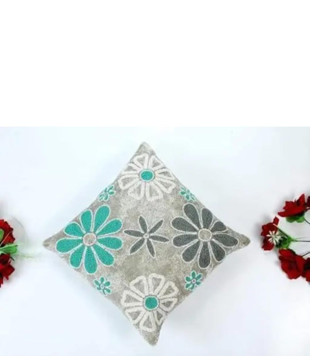Beaded Floral Throw Pillow Cover, Teal and Silver, Flower Embroidered Decorative Cushion Cover