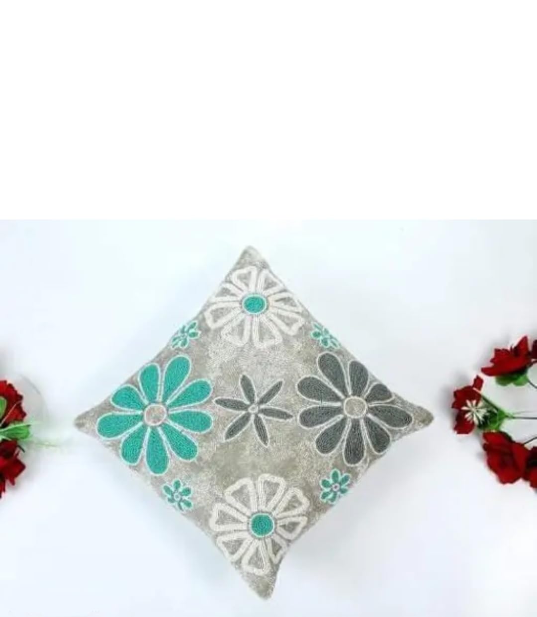 Beaded Floral Throw Pillow Cover, Teal and Silver, Flower Embroidered Decorative Cushion Cover
