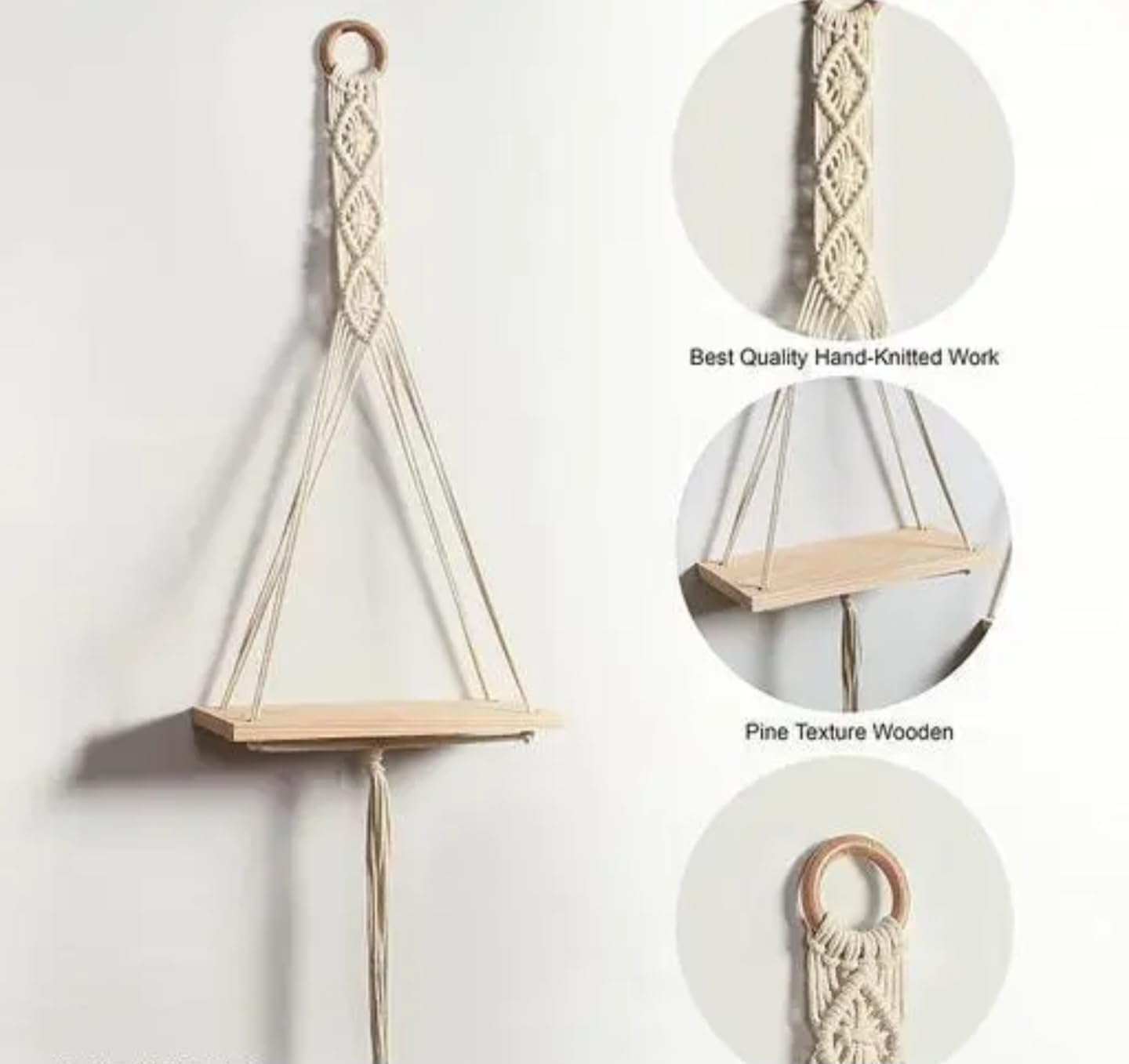Macrame Wall Hanging Wooden Shelf Set, 3 Tiers, Handwoven Cotton Rope, Natural Wood, Boho Home Decor