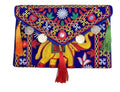 Traditional Embroidered Clutch Purse with Tassels, Bohemian Design, Royal Blue with Multi-Colour Pattern, Coin Decorations, eco-friendly