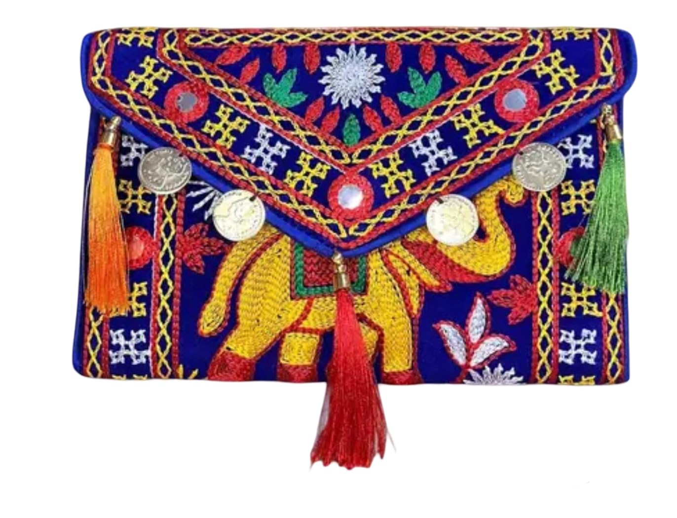 Traditional Embroidered Clutch Purse with Tassels, Bohemian Design, Royal Blue with Multi-Colour Pattern, Coin Decorations, eco-friendly