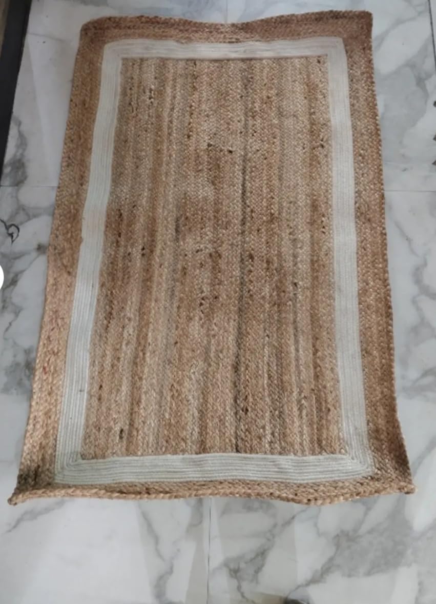 Natural Jute Area Rug with White Border, Braided Handwoven Style, Living Room Decor