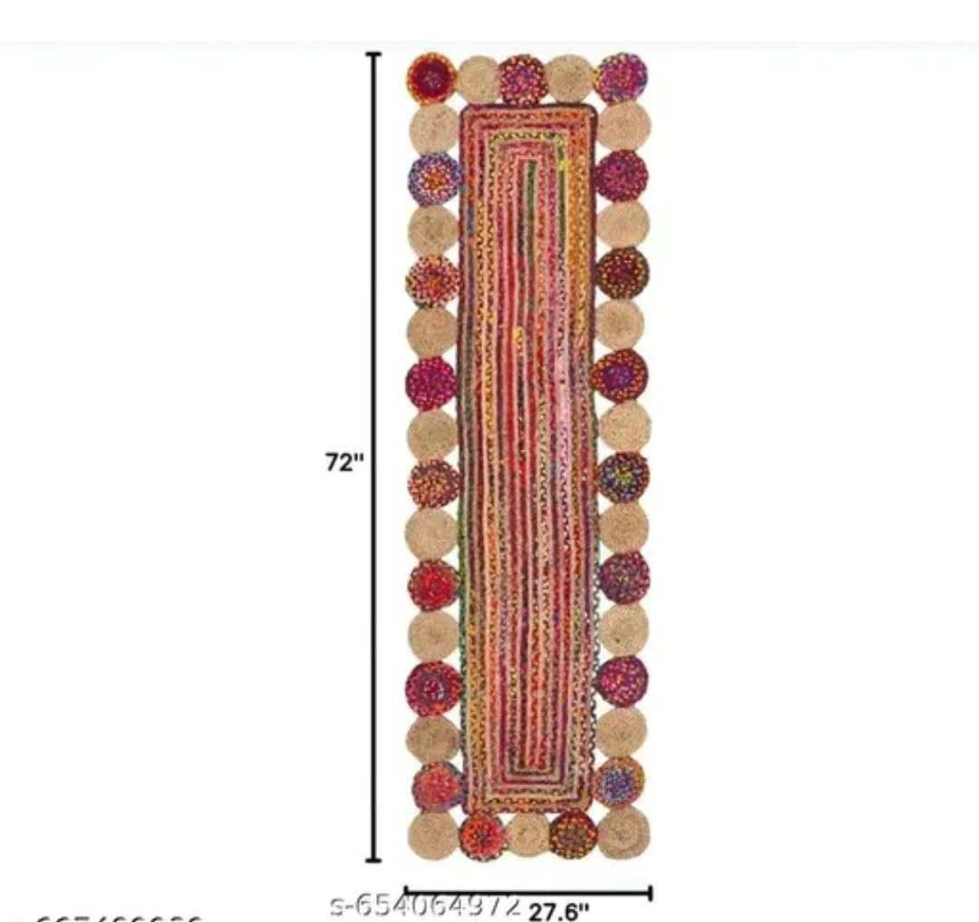 Handwoven Jute and Cotton Braided Runner Rug, Multicolor, Boho Style, with Round Medallion Border
