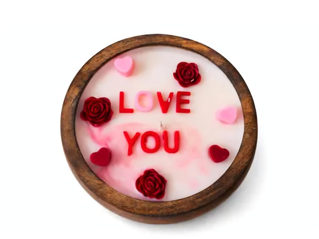 Love You Scented Candle in Wooden Bowl, Rose and Heart Embellishments, Valentine's Day Gift