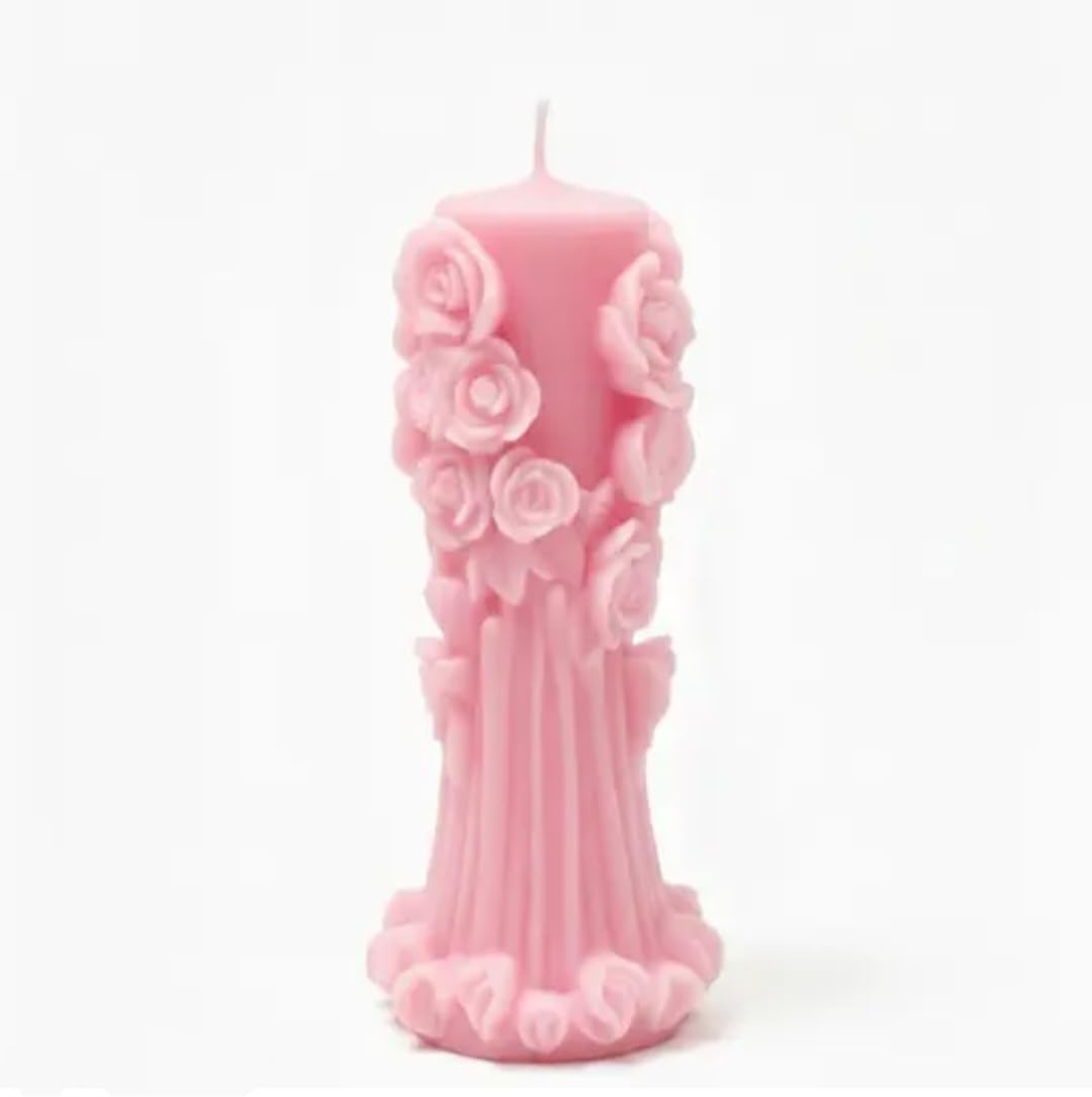 Decorative Pillar Candle, Pink, Rose Floral Design, Elegant Home Decor