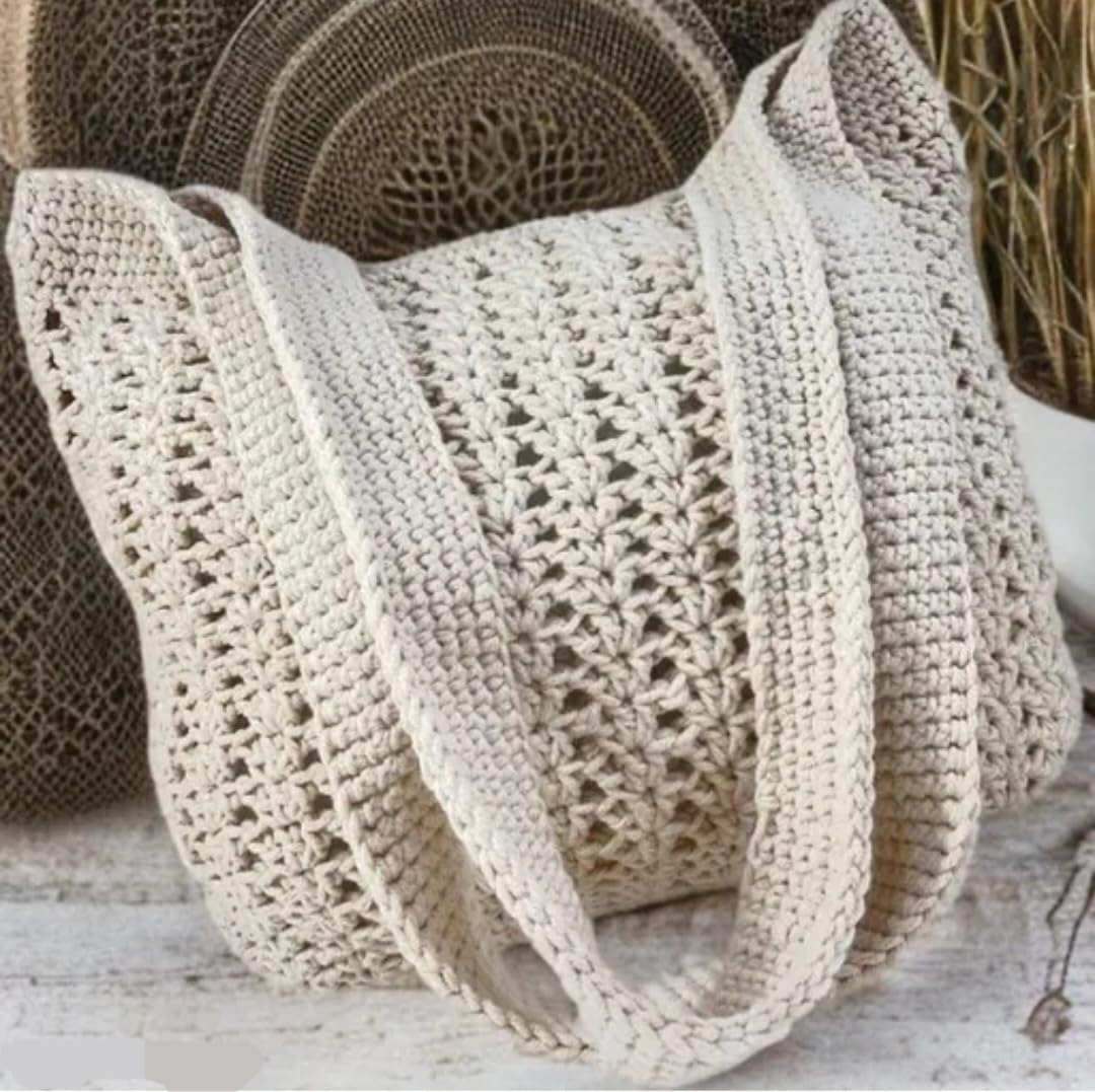 Handmade Crochet Tote Bag, Cream, Cotton, Open Weave, Boho Style, Shoulder Bag with Handles