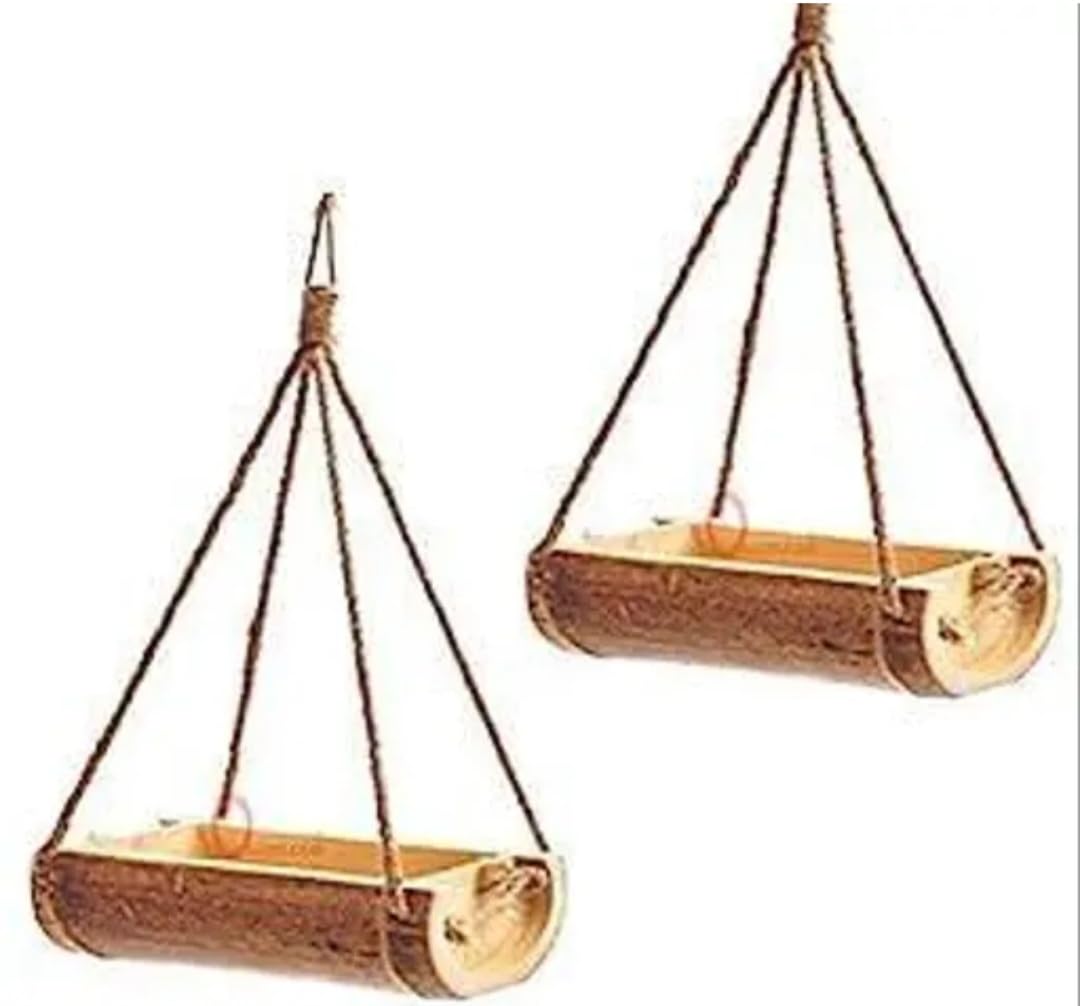 Hanging Wooden Log Bird Feeder, Natural Wood with Rope, Rustic Style, Set of 2