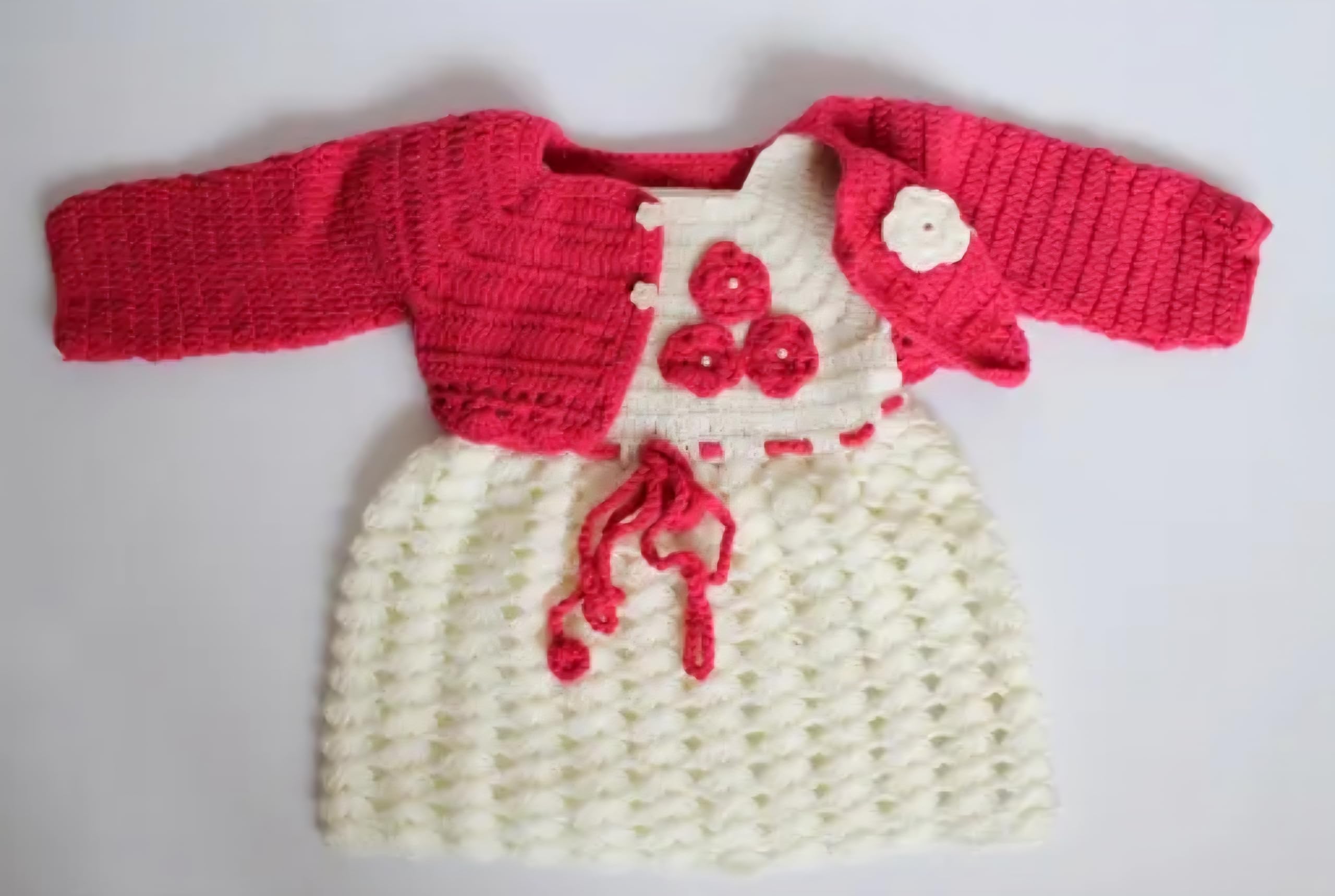 Handmade Crochet Baby Girl Dress with Bolero Cardigan Set, Red and White, Floral Detail