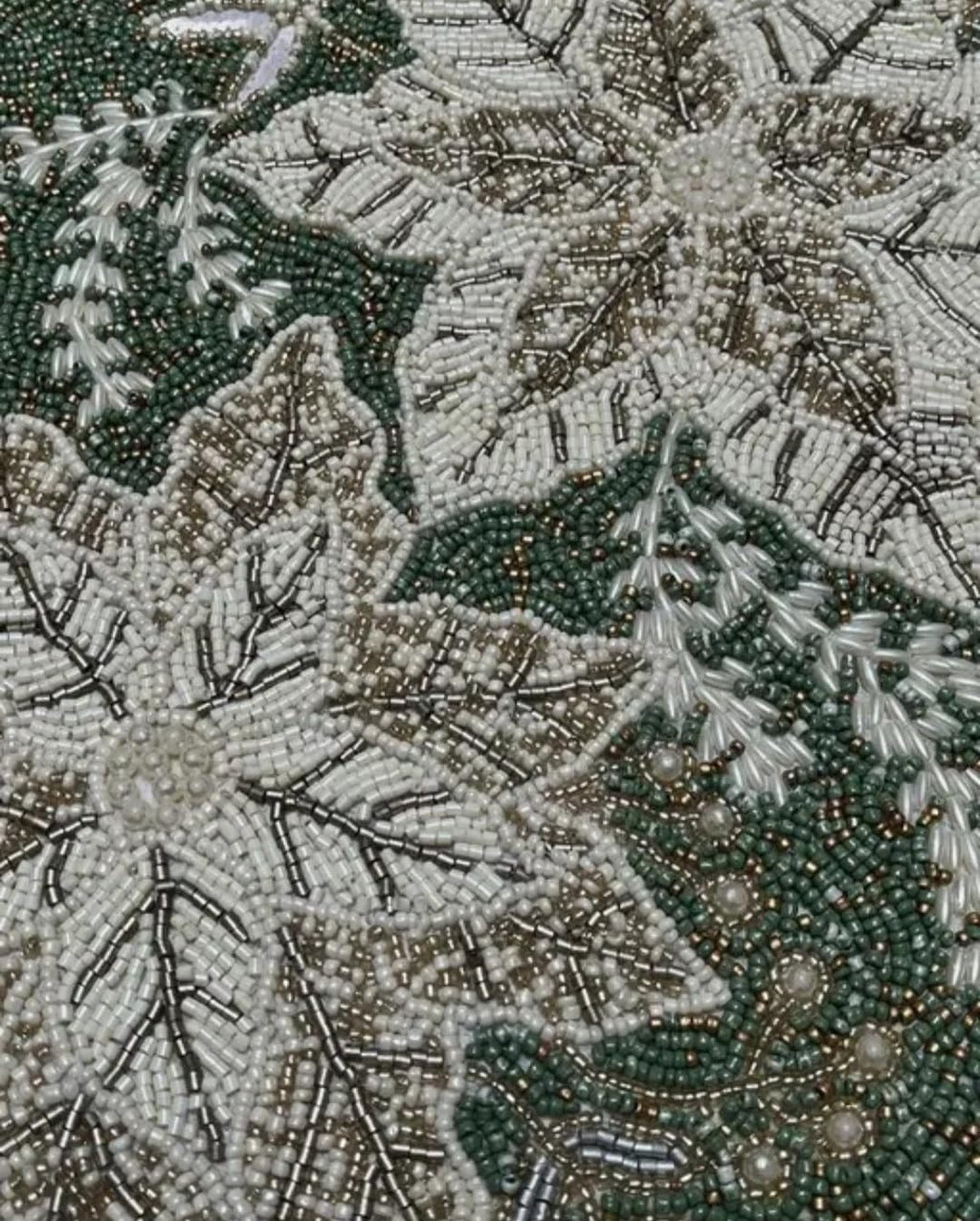 Beaded Table Runner, Green and White, Floral Poinsettia Design, Scalloped Edge, Holiday Decor