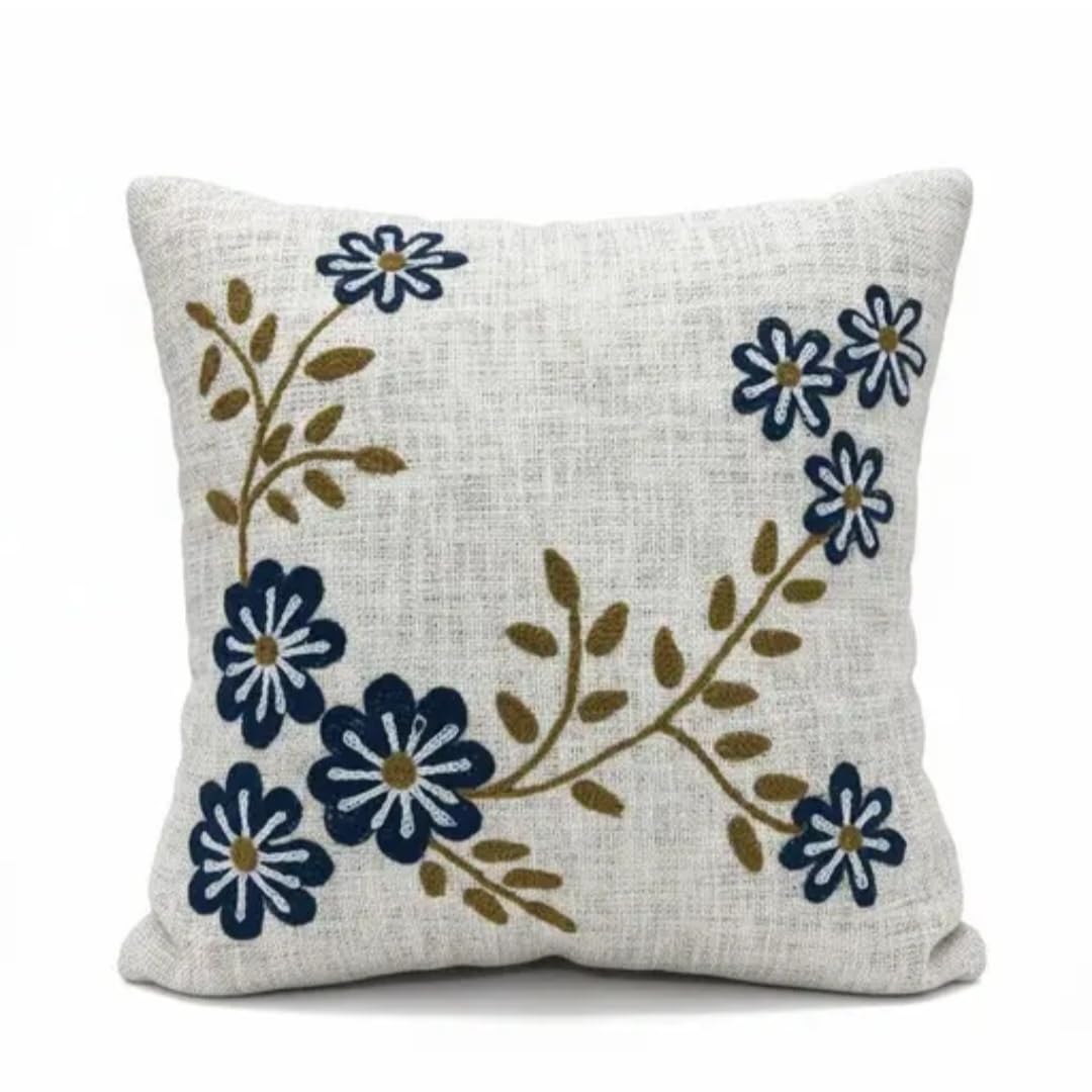 Embroidered Throw Pillow Cover, Floral Design, Navy Blue and Olive Green, Natural Linen Texture