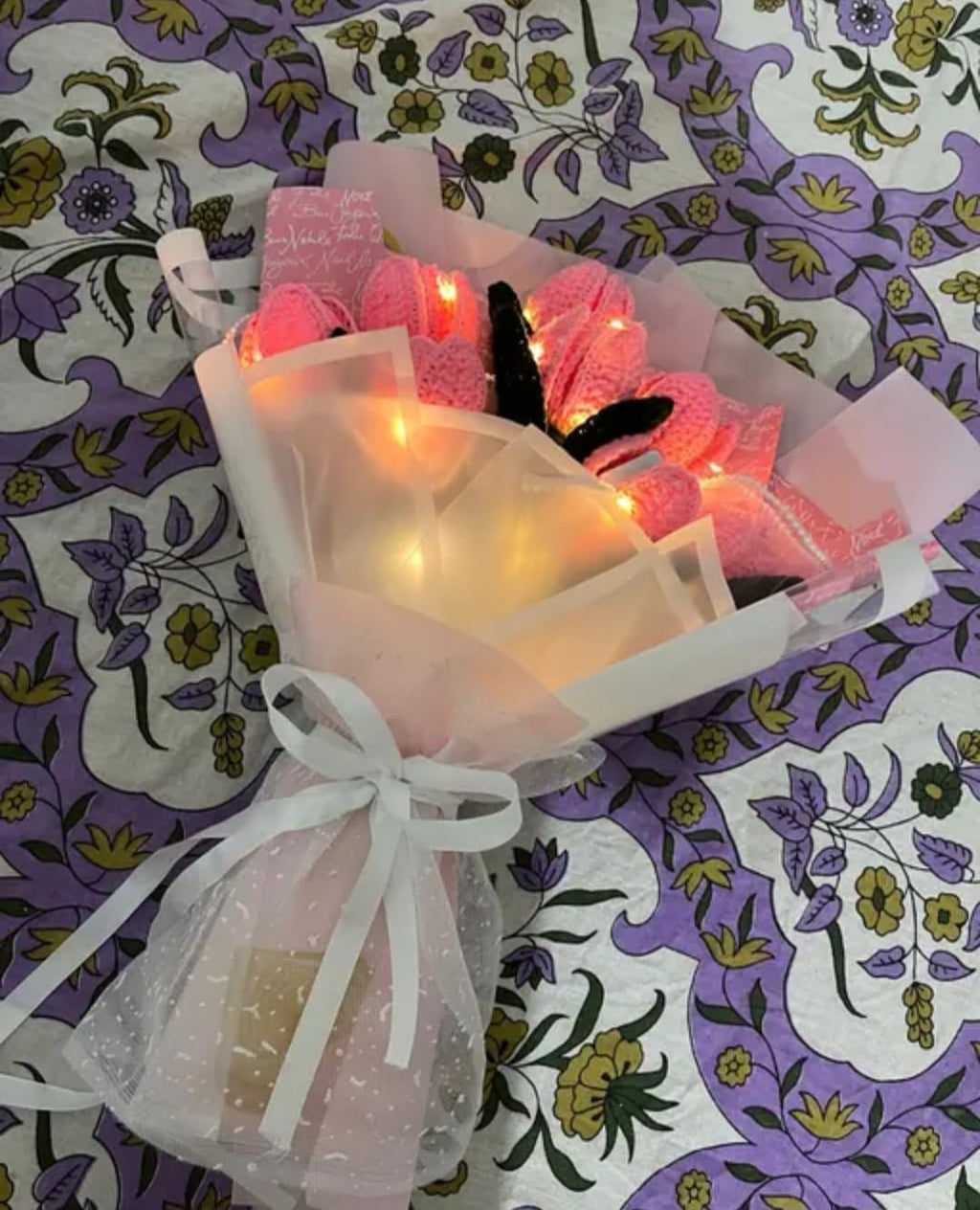 Handmade Pink Flower Bouquet, White Wrap, Ribbon Bow, Gift for Special Occasions
