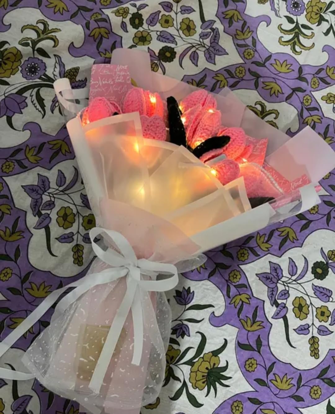 Handmade Pink Flower Bouquet, White Wrap, Ribbon Bow, Gift for Special Occasions