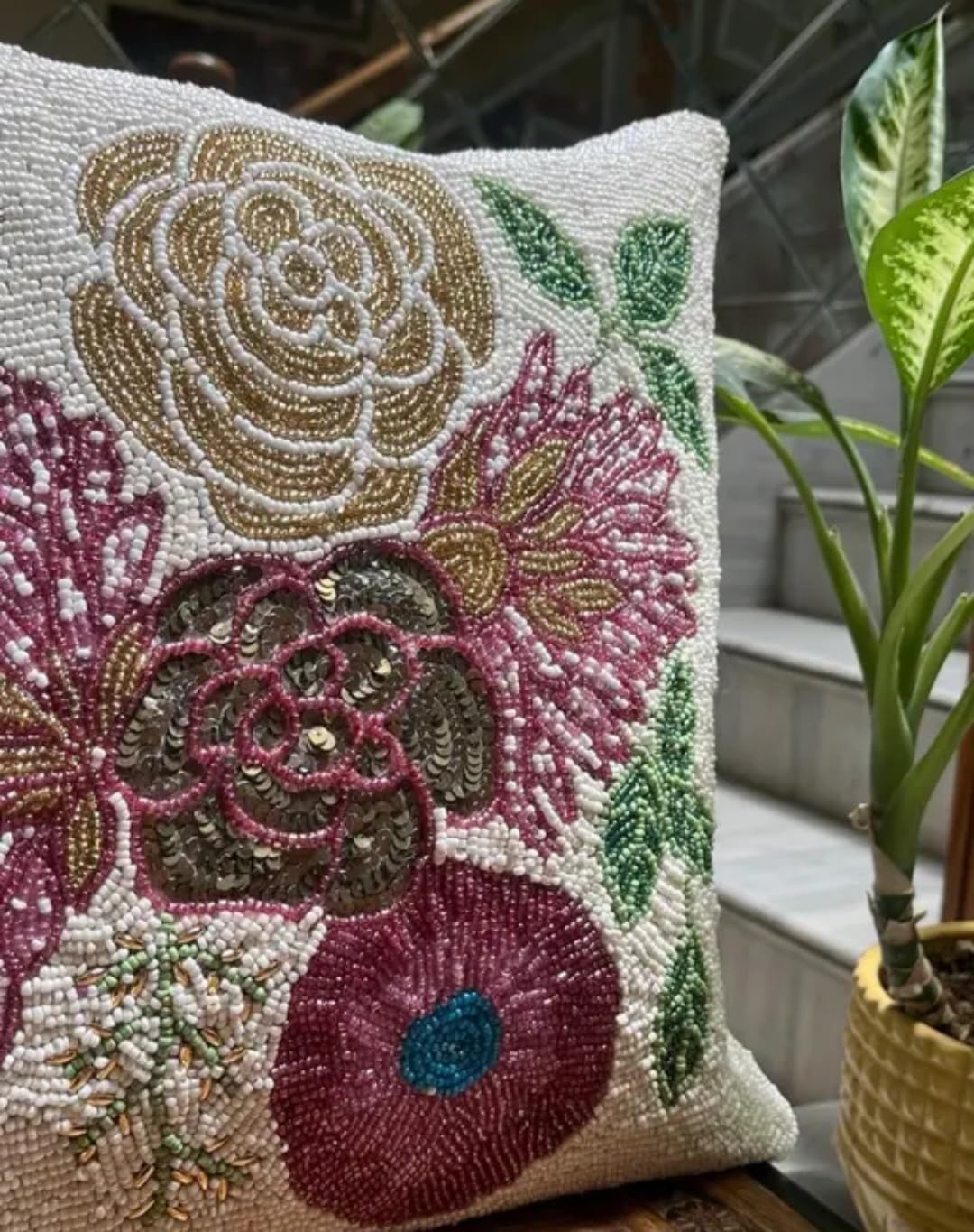 Beaded Floral Decorative Throw Pillow Cover, White with Multicolor Embroidery, Square Cushion Cover