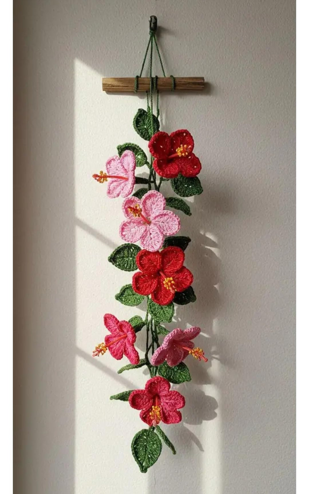Crochet Hibiscus Flower Wall Hanging, Red and Pink, Handmade Floral Decor with Wooden Rod