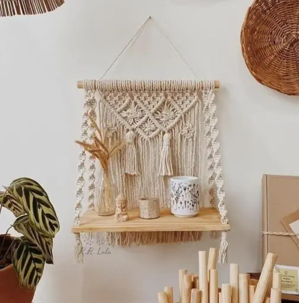 Macrame Wall Hanging Shelf, Handwoven Cotton Rope Floating Shelf with Decorative Tassels, Wooden Display Shelf, Boho Home Decor