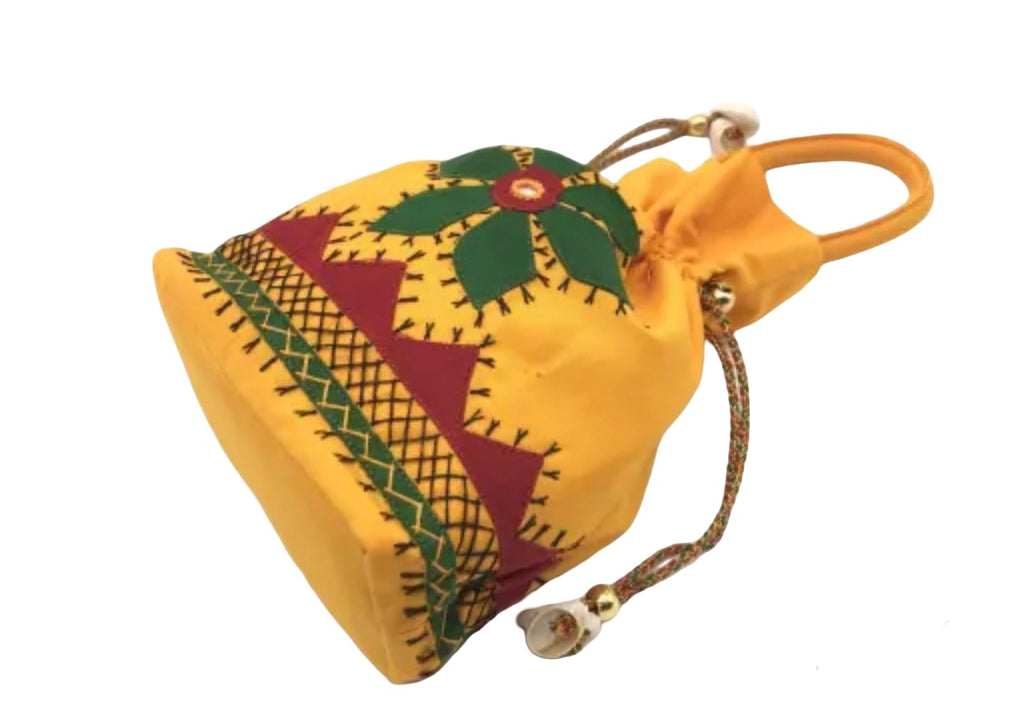 Handcrafted Yellow Drawstring Pouch with Traditional Embroidery, Green and Red Decorative Pattern, Small Bells, eco-friendly bag