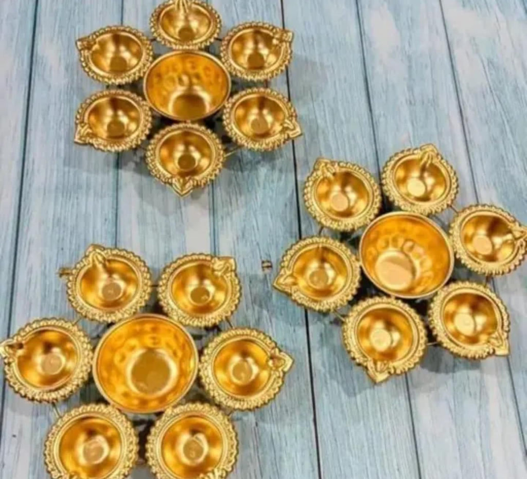 Decorative Gold Diya Set, Traditional Brass Oil Lamp Holders for Puja, Ornate Scalloped Design, 8 Connected Diyas