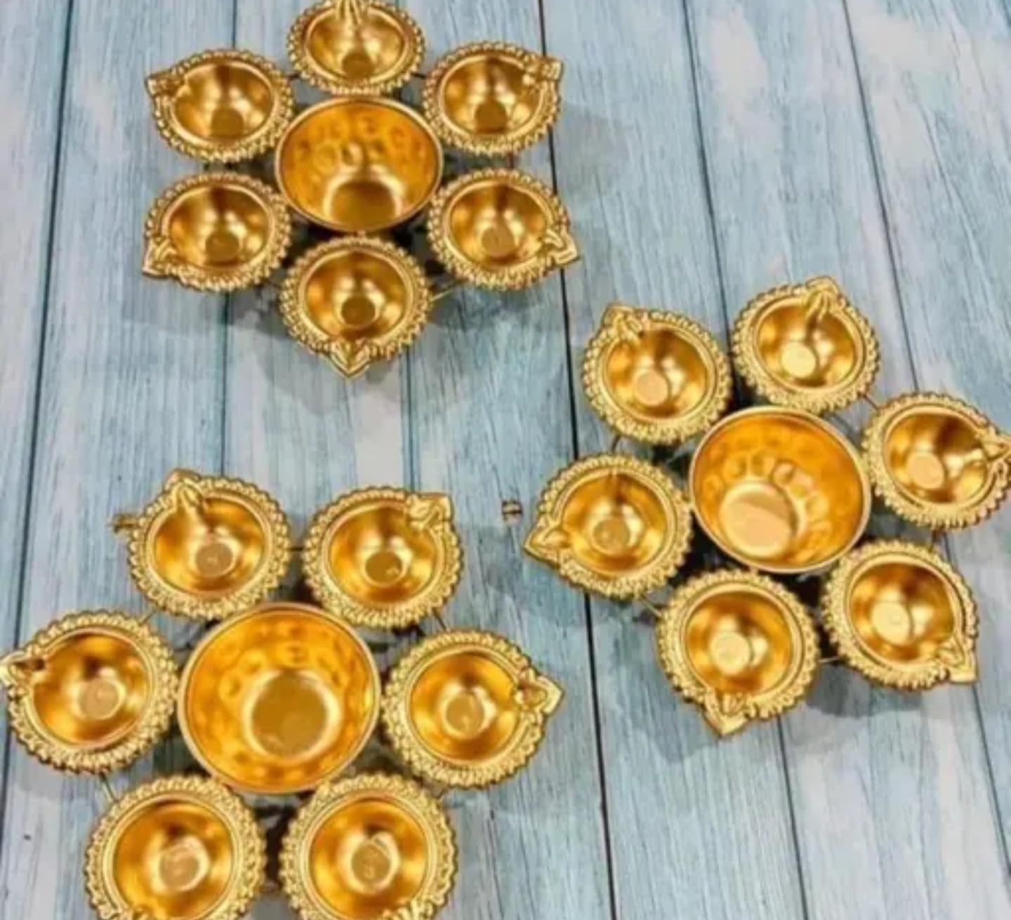 Decorative Gold Diya Set, Traditional Brass Oil Lamp Holders for Puja, Ornate Scalloped Design, 8 Connected Diyas