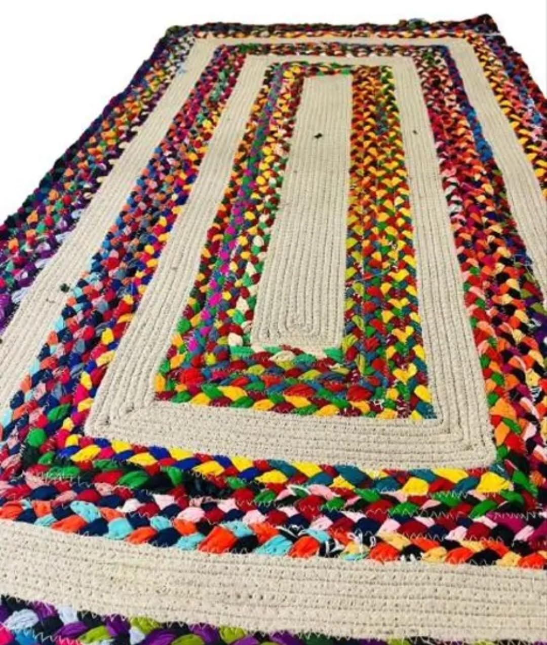 Braided Jute and Cotton Rug, Multicolor, Rectangular, Bohemian Style, Handmade Area Rug