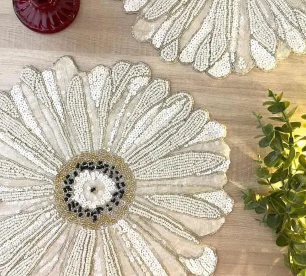 Beaded Daisy Placemat, White, Sequin Embellished Floral Table Mat, Handcrafted Decorative Charger Plate