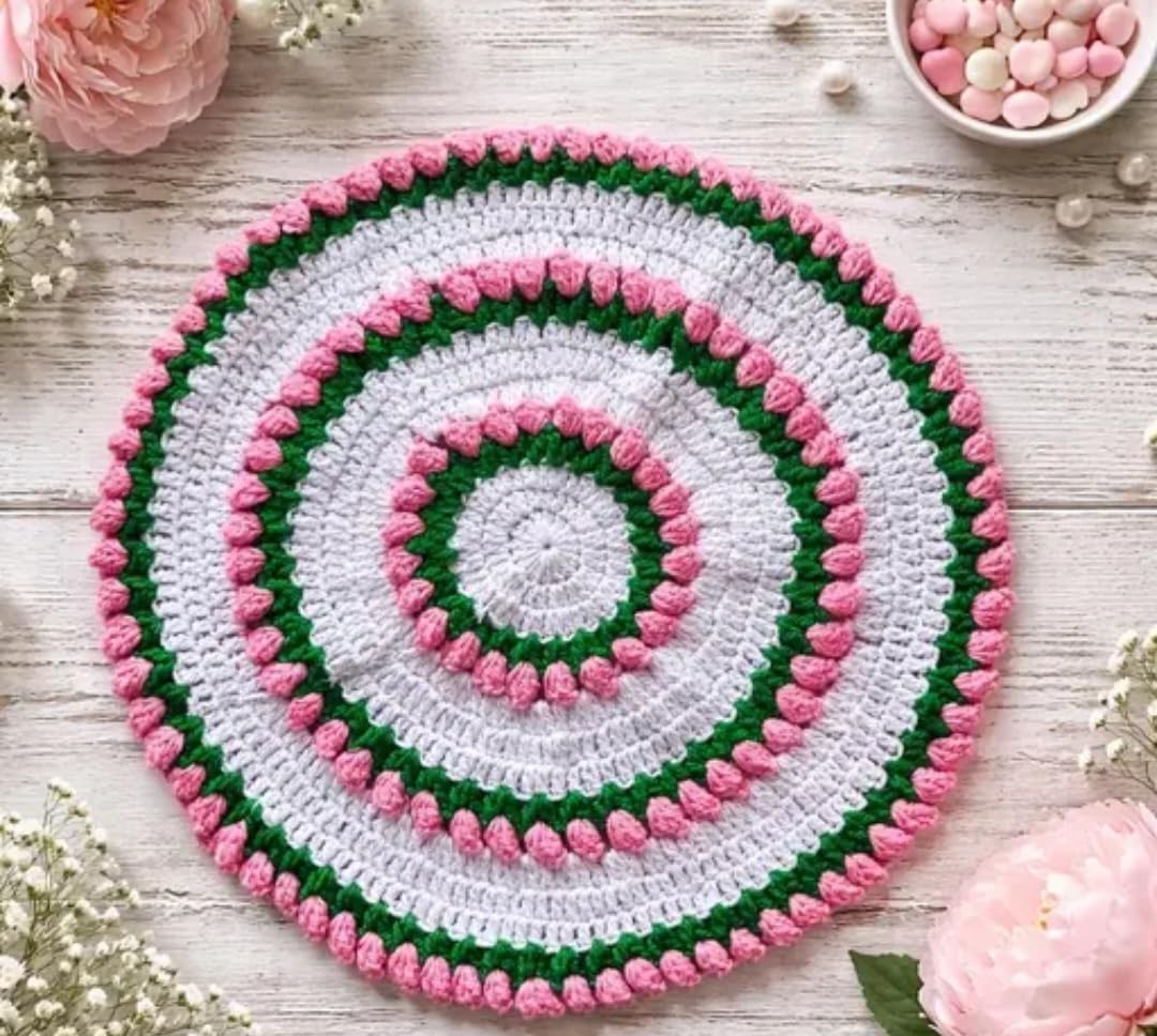 Handmade Crochet Pooja Thalposh, Floral Pattern with Tassels, 1 piece, Small Size