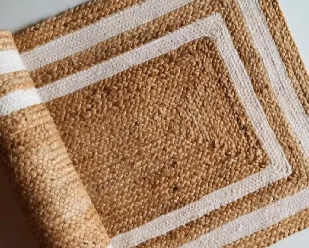 Braided Jute Handcrafted Runner Rug, Natural and White Border, Rectangular, Bohemian Style, Hallway or Entryway