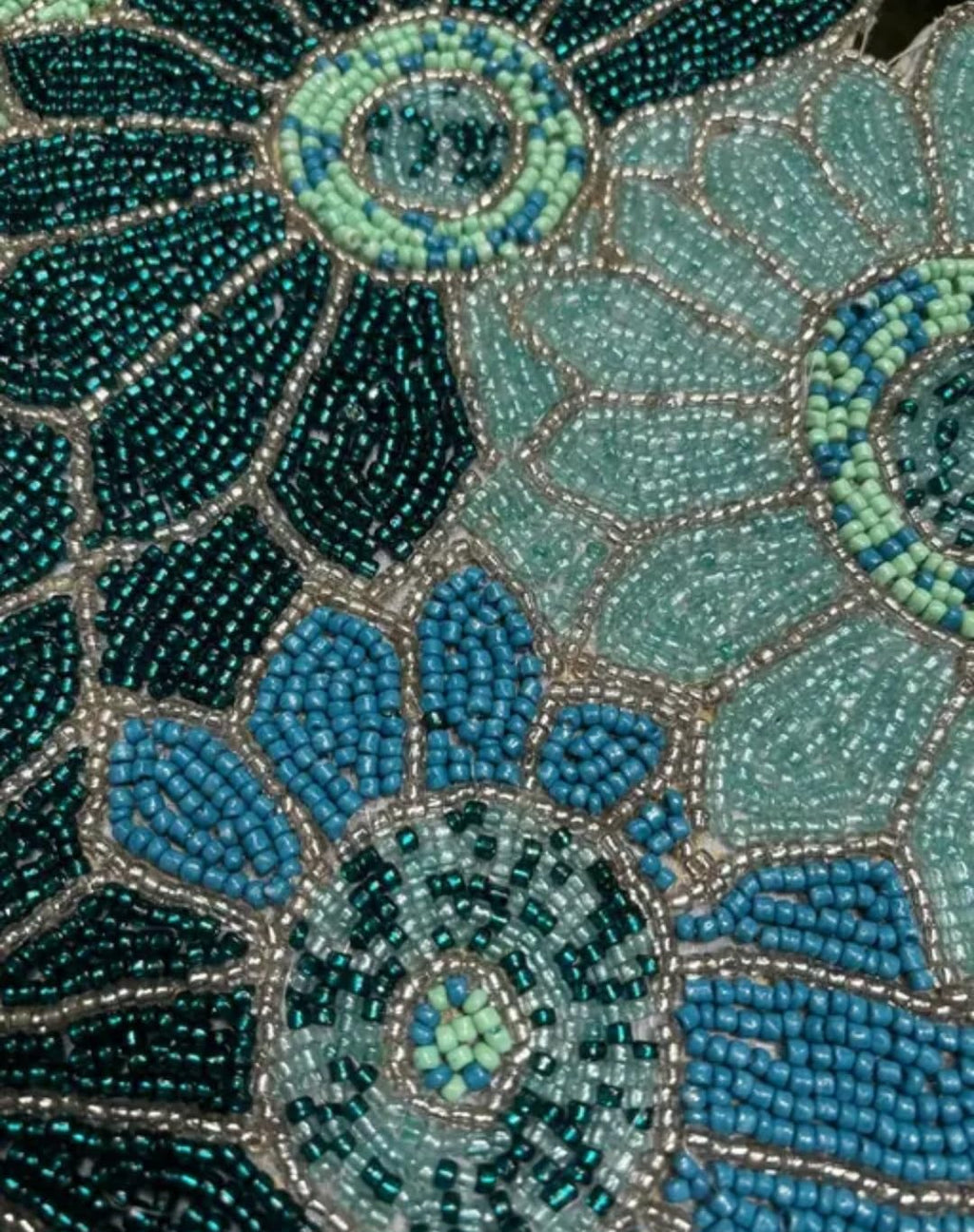 Beaded Daisy Flower Table Mat, Teal and Blue, Handcrafted Floral Placemat, Decorative Home Accent