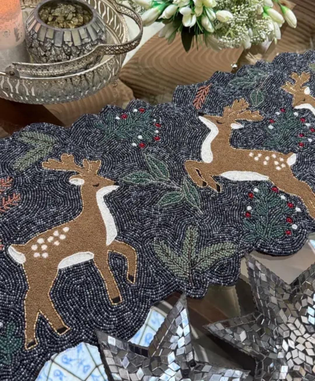 Beaded Table Runner with Deer and Forest Design, Dark Blue, Holiday Christmas Theme