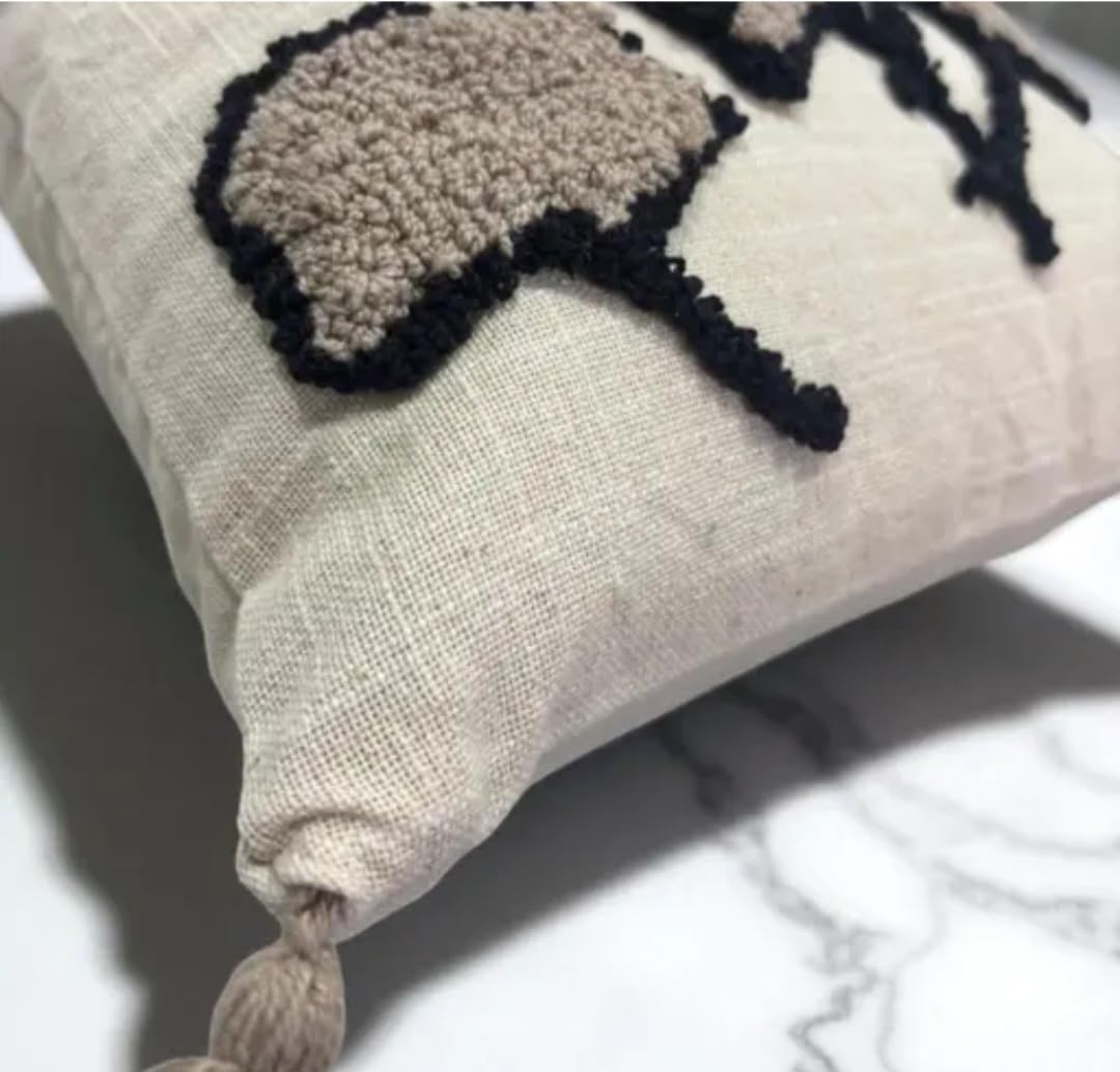 Embroidered Tree Throw Pillow Cover with Tassels, Cream and Beige, Decorative Cushion Cover for Sofa