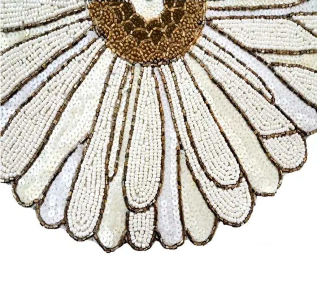 Beaded Daisy Floral Placemat, White and Gold, Sequin Embellished, Round Table Decor