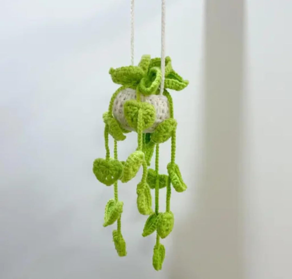 Crochet Hanging Plant Decor, Handmade Knitted Potted Vine with Green Leaves, Boho Home Ornament