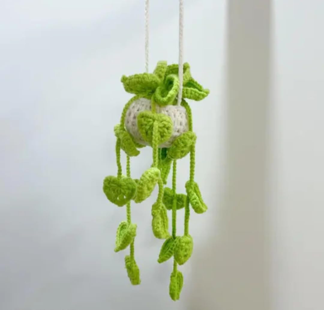 Crochet Hanging Plant Decor, Handmade Knitted Potted Vine with Green Leaves, Boho Home Ornament
