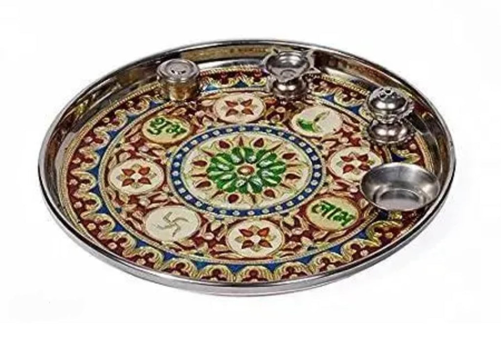 Pooja thali, round pooja thali set,Decorative Meenakari Wall Plate, Traditional Indian Handcrafted Design, Round Metal Platter with Gold, Red, Blue, Green Enamel Work