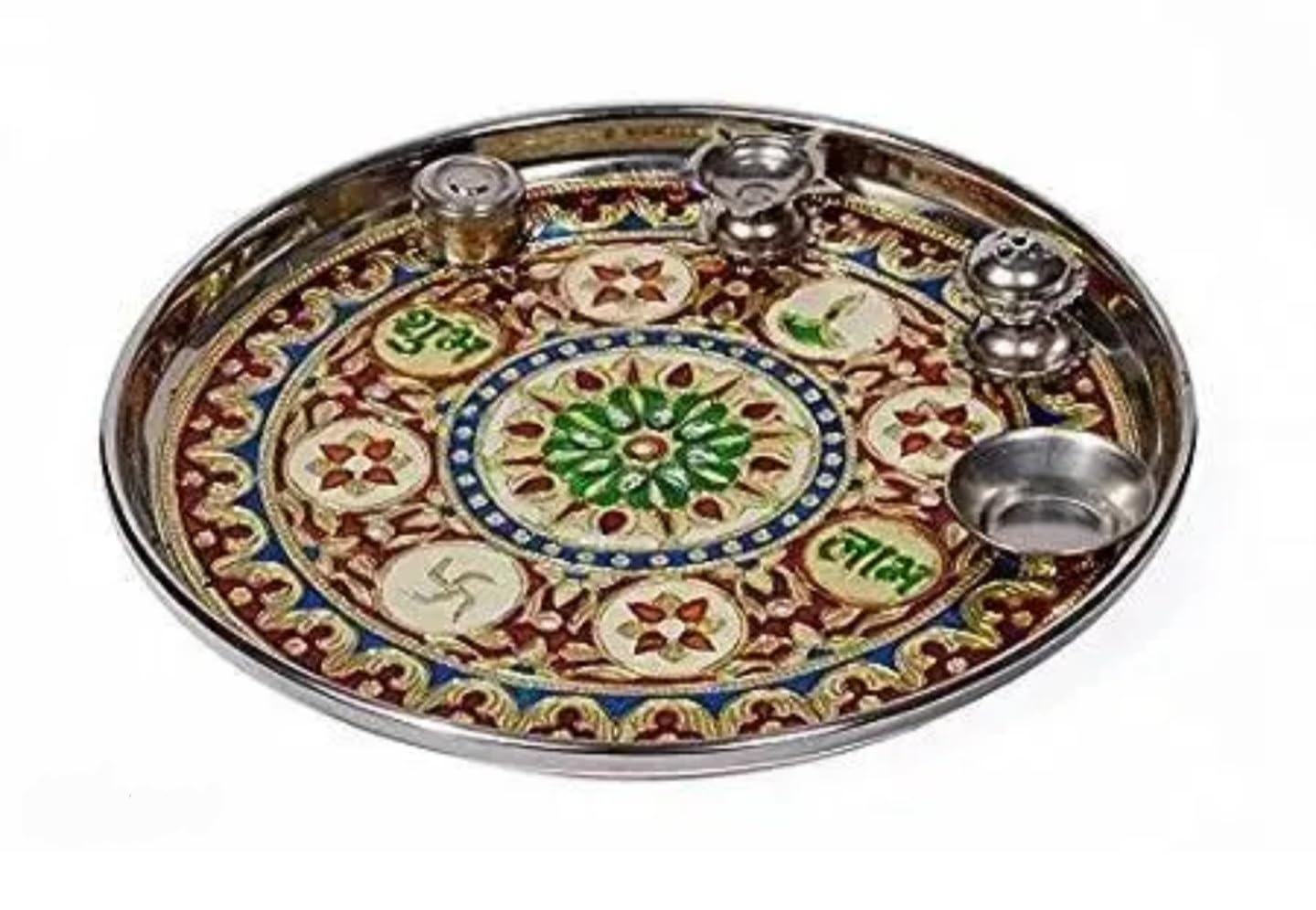 Pooja thali, round pooja thali set,Decorative Meenakari Wall Plate, Traditional Indian Handcrafted Design, Round Metal Platter with Gold, Red, Blue, Green Enamel Work