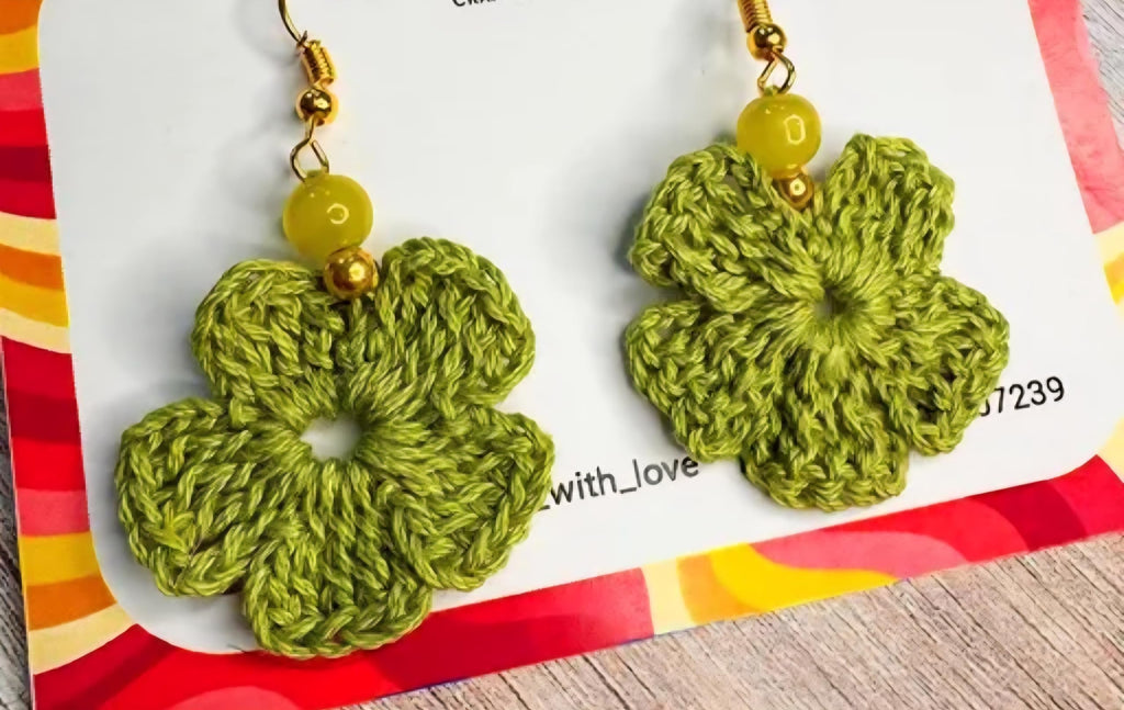 Handmade Crochet Flower Earrings, Green, Dangle Drop Style, Beaded Accent, Hook Closure