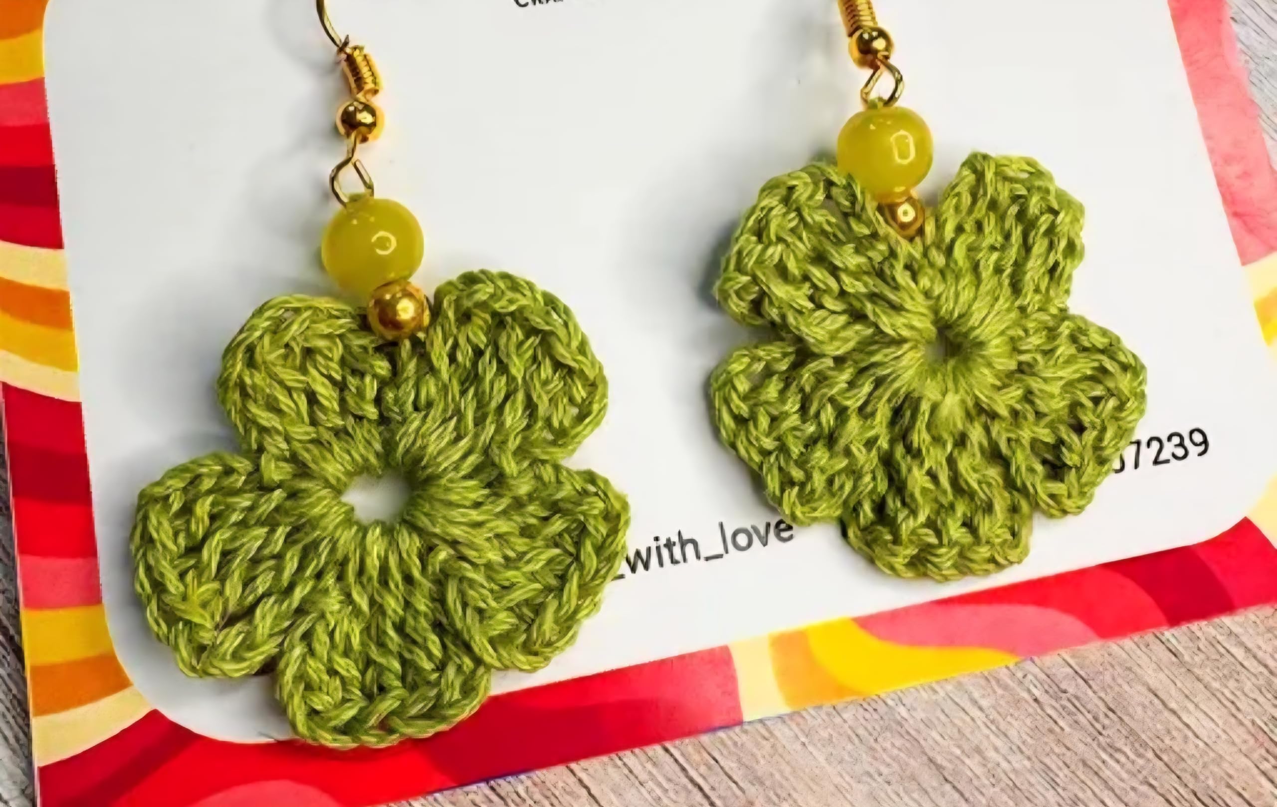 Handmade Crochet Flower Earrings, Green, Dangle Drop Style, Beaded Accent, Hook Closure