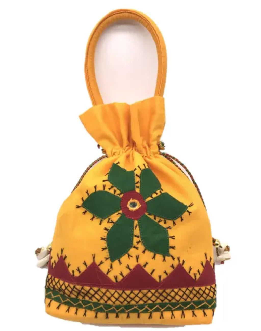 Handcrafted Yellow Drawstring Pouch with Traditional Embroidery, Green and Red Decorative Pattern, Small Bells, eco-friendly bag