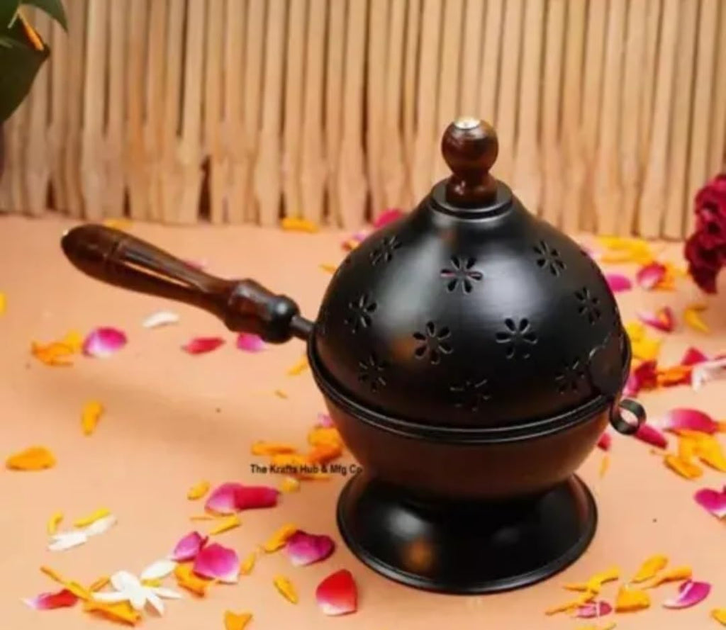 Iron Incense Burner with Wooden Handle, Black, Floral Cutwork Design, Dhoop Holder on Pedestal Stand