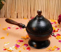 Iron Incense Burner with Wooden Handle, Black, Floral Cutwork Design, Dhoop Holder on Pedestal Stand