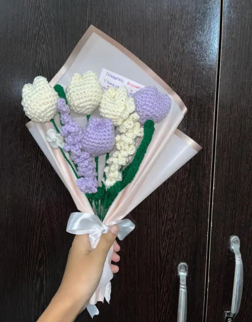 Handmade Crochet Flower Bouquet, Tulips and Hyacinth, Purple and Cream, Gift Wrapped with Ribbon