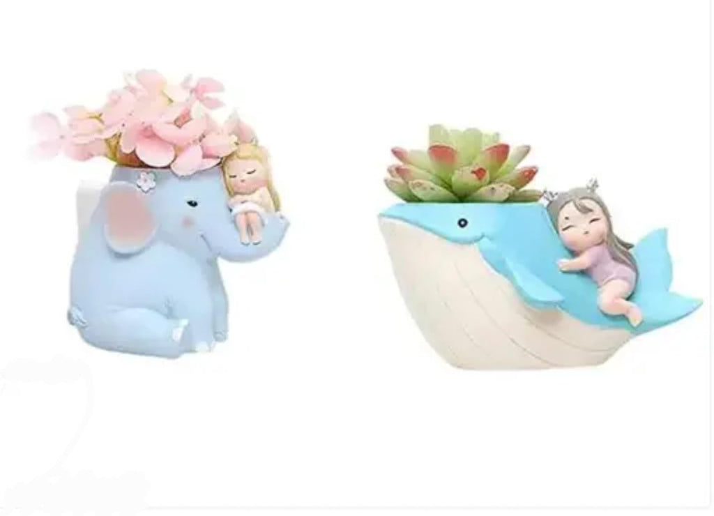 Whimsical Dolphin Succulent Planter, Blue and Pink Ceramic Decorative Plant Pot with Sleeping Figure, Garden Home Decor
