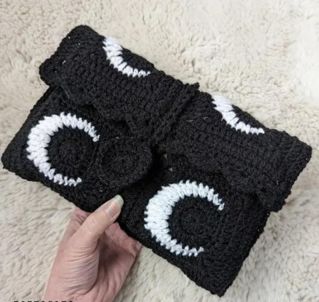 Crochet E-Reader Sleeve, Black and White, Handmade Knit Pouch Compatible with Kindle, Cassette Tape Style