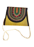 Handcrafted Ethnic Crossbody Bag, Yellow with Embroidered Flap, Beaded Strap, Traditional Design