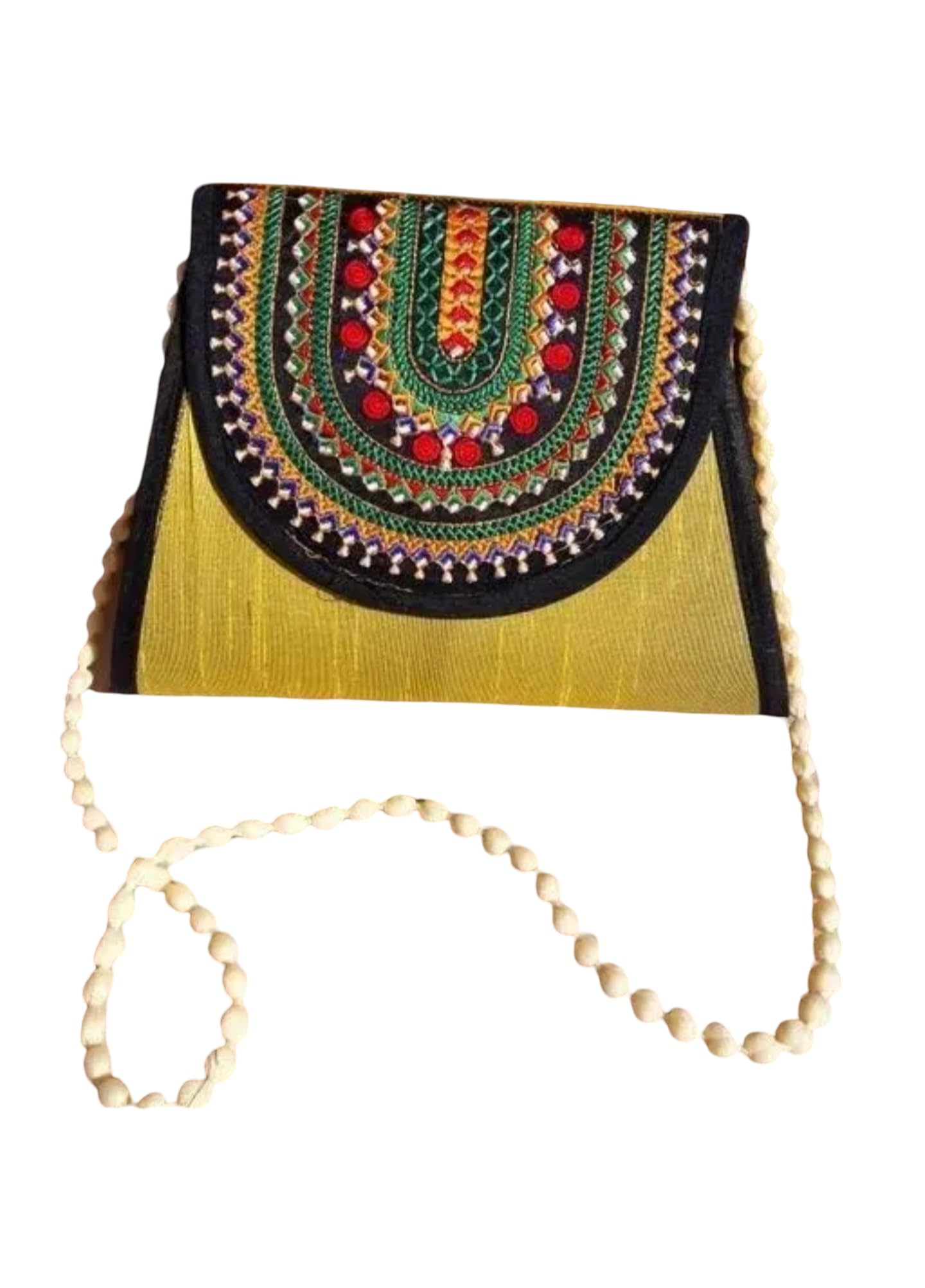 Handcrafted Ethnic Crossbody Bag, Yellow with Embroidered Flap, Beaded Strap, Traditional Design